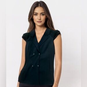 Helmut Lang Button Front Wool Blend Suede Cap Sleeve Vest Blazer, Black, Size 6